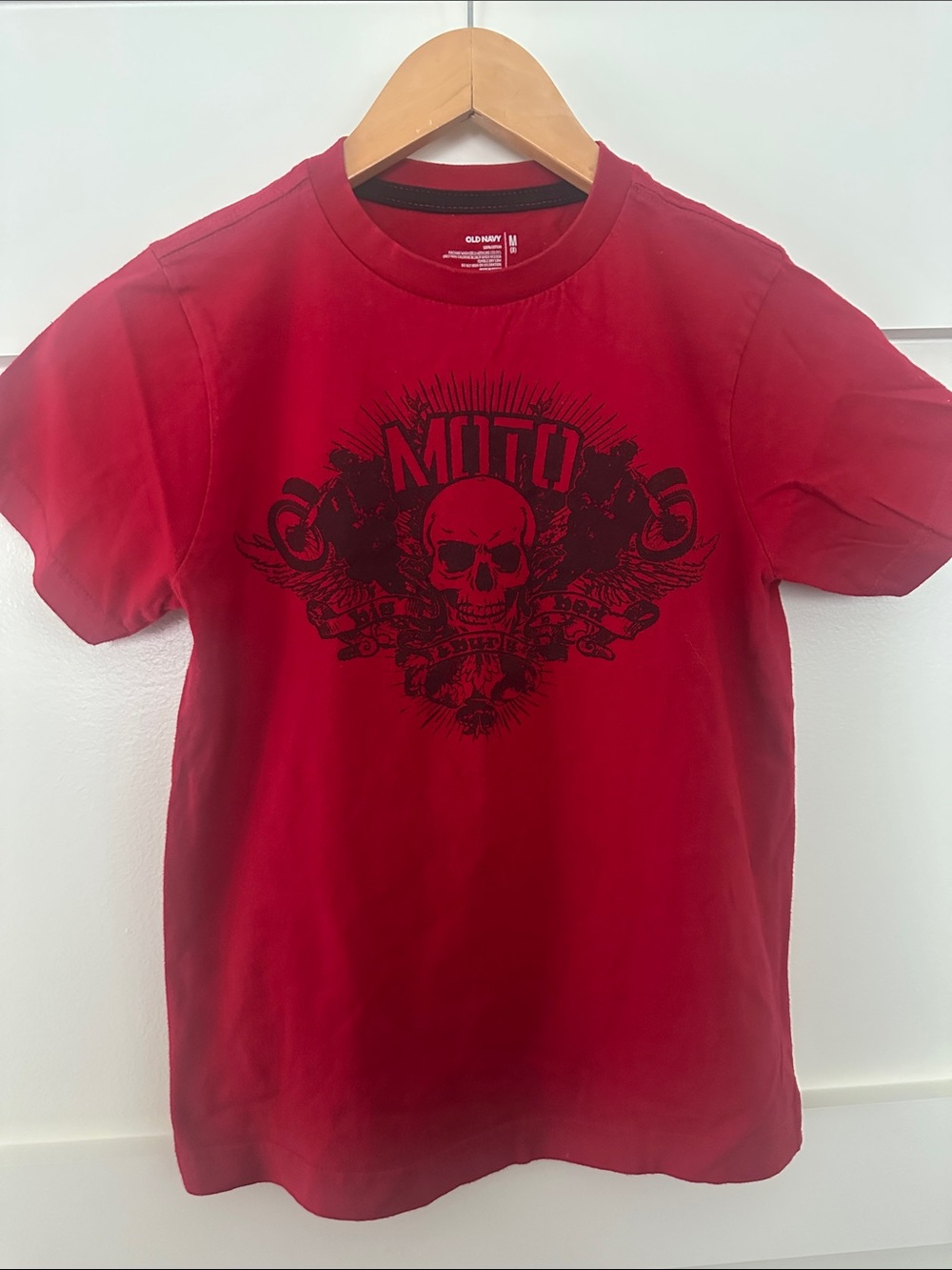 Old Navy Red Tee with Black Moto Skull Graphic